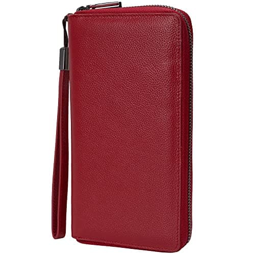 Image of Bveyzi RFID Blocking Purses for Women Real Leather Zip Around Large Travel Mobile Phone Ladies Long Money Purses Wallet, 17 Card Slots (Wine Red)