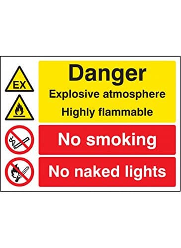 Image of Caledonia Signs 26233K "Explosive Atmosphere Highly Flammable No Smoking/Naked Lights" Sign, Self Adhesive Vinyl, 400 mm x 300 mm