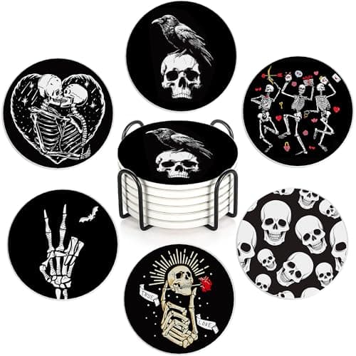 Image of Skeleton Skull 6Pack Ceramic Drink Coasters,Quick-Absorb Stone Coasters with Anti-Slip Cork Backing & Metal Holder, Table Protectors for Kitchen Bar