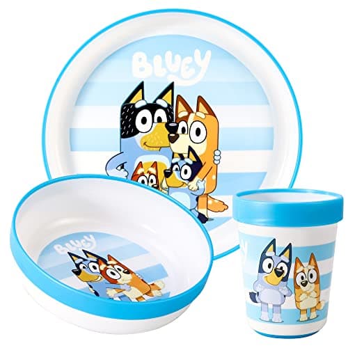 Image of Bluey 3pc Kids Dinner Set – Toddler Plates and Bowls Set with Kids Cup, Reusable Bicolor Premium Plastic Dinnerware Sets - Baby Plates, Baby Bowls, Toddler Cups, Children’s Mealtime Tableware