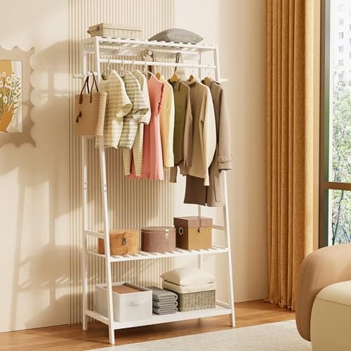 Image of unho Bamboo Clothes Rail Rack: Free Standing Garment Rack with 3 Storage Shelves 10 Hooks Open Wardrobe Organizer for Clothes Shoes Hats Bags in Entryway Bedroom Living Room White