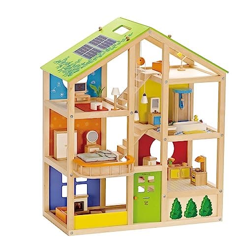 Image of Hape All Season House (Furnished)| Award-Winning 3-Storey Dolls House Toy with Furniture, Accessories, Movable Stairs and Reversible Season Theme