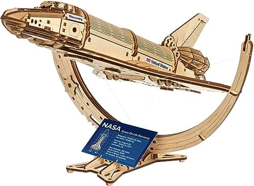 Image of UGEARS NASA Space Shuttle 3D Puzzle – Wooden 3D Puzzles for Adults with Hubble Space Telescope and Tensegrity Stand – Wooden Model Kits for Adults Crafts, Brain Teaser Hobby Gift for Christmas