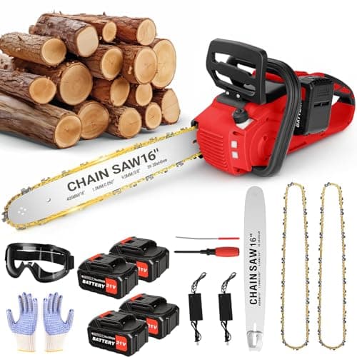 Image of 16 Inch Electric Cordless Chainsaw with 4*4000mAh Battery, Brushless Motor 2200W Chainsaw with Automatic Chain Lubricationr and Chain Brake Tool-Free Tensioning Ideal for Cutting Trees & Chopping Logs