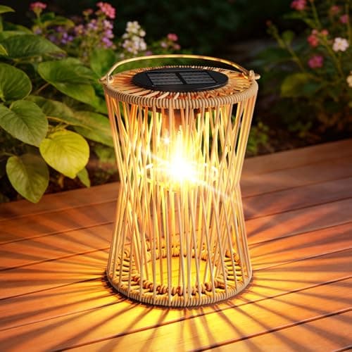 Image of AOUNQ Solar Lights Outdoor Garden Ornaments, Vintage Rattan Hanging Solar Lanterns for Outside with Auto On/Off, Hanging Garden Lights Solar Powered Waterproof for Patio Yard, Gifts for Mom, 1 Pack