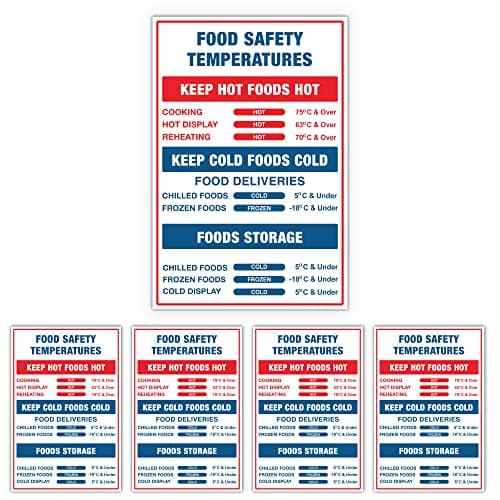 Image of Pack of 5 Food Hygiene Signs (200 x 300mm) Self Adhesive Food Safety Signs Waterproof Food Safety Temperature Sticker for Food safety temperature sign, catering sign Sara Prints®