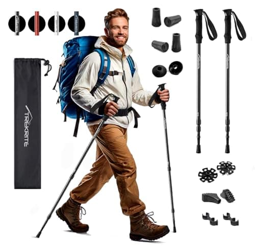 Image of Trekrite Telescopic Walking Poles Set, Collapsible Hiking Poles, 3-Section Anti Shock Trekking Sticks for Men & Women - Adjustable Hiking Sticks with Accessories from a UK Based Company - Black