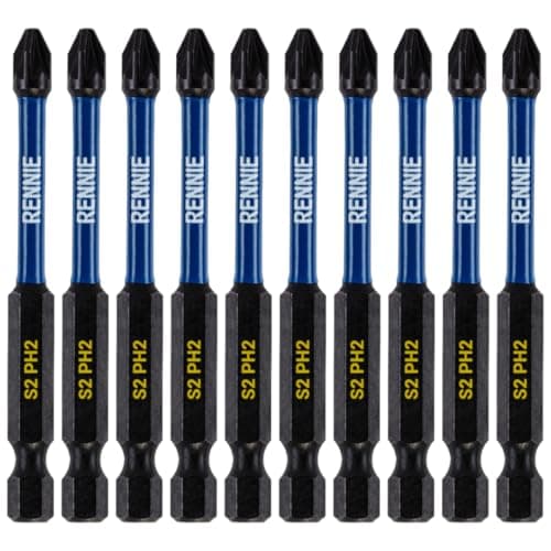 Image of 10 x Rennie Tools 75mm Long PH2 Impact Screwdriver Driver Bits Set. Magnetic Phillips No.2 Heavy Duty Impact Driver Bit Set. Long PH2 Bits. Hex Shank. Cross Head Long PH2 Bits. Black Oxide Coated
