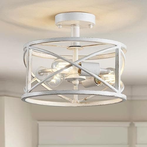 Image of WUZUPS Chandelier 3-Light Vintage Farmhouse Industrial Semi-Flush Mount Ceiling Light Lighting Fixture for Foyer Bedroom Hallway Storage Room Kitchen Bathroom, H 30 x W 24, E27 Base, Antique White