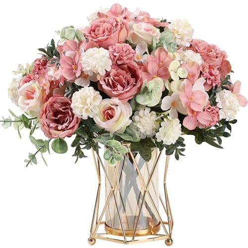 Image of HNVNER 2 Bunches Artificial Roses Peonies Pink Artificial Flowers, Fake Peonies Faux Hydrangea Silk Flower Bouquet for Home Wedding Party Decoration Arrangement