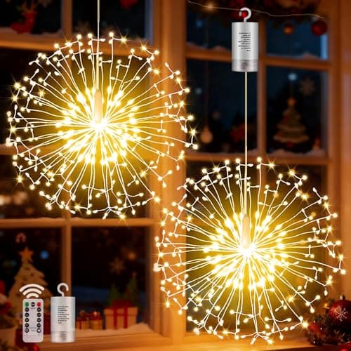 Image of yowin Hanging Christmas Firework Lights 2 Pack 198 LED Starburst Lights Battery Operated with Remote, 8 Modes Waterproof Hanging Christmas Window Light for Door Xmas Tree Outdoor Indoor Decorations