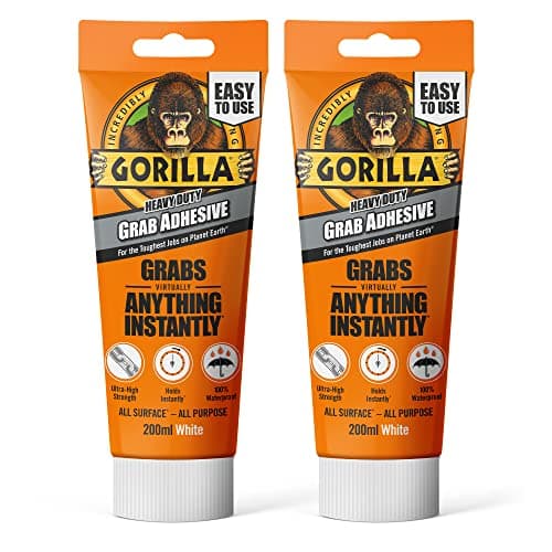 Image of Gorilla Heavy Duty White Grab Adhesive, 200ml Tube (2 Pack) – All-Purpose, Ultra-High Strength & Holds Instantly | 100% Waterproof & Temperature Resistant