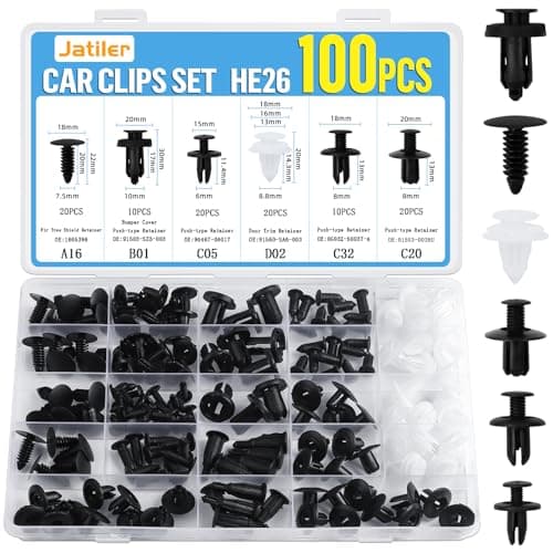 Image of JatilEr 100 Pcs Car Trim Clips, HE26 Car Panel Clips Universal Auto Plastic Rivets Nylon Plastic Fasteners Bumper Clips and Fixings, 6 Sizes Push Rivets Door Trim Retainer Kit Accessories