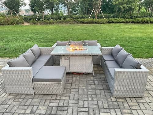 Image of FMSGarden 9 Seats Light Grey U Shape Lounge Sofa Dining Set With Gas Fire Pit Rattan Garden Furniture Set Heater Burner Big Footstool