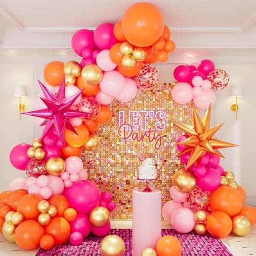 Image of Pink Orange Balloon Garland Arch Kit, 146pcs Hot Pink Orange Metallic Gold Latex Balloons with Hot Pink and Orange Exploding Star Foil Balloons for Birthday Summer Tropical Wedding Party Decorations