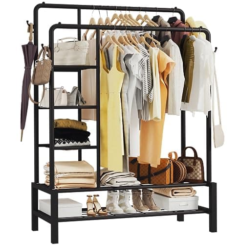 Image of Klass Home Collection Heavy Duty Clothes Rail, 120KG Black Metal Rack With Double Hanging Clothing Rail, Shoe Rack, Storage Shelves & 4 Coat Hooks, Wardrobe Clothes Rails For Bedroom Office Shop