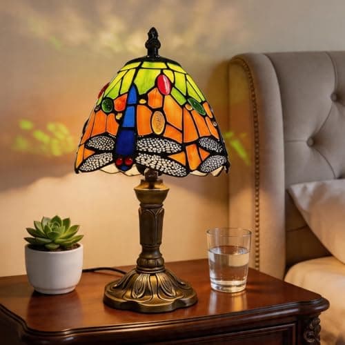 Image of Plynvexa Tiffany Style Lamp,6" Dragonfly Stained Glass Table Lamp,Vintage Bedside Lamp for Bedroom, Living Room,Office Atmosphere Desk Lamp with Artistic Flair