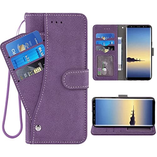Image of ELISORLI Compatible with Samsung Galaxy Note 8 Wallet Case Wrist Strap Lanyard Leather Flip Card Holder Stand Full Body Cell Phone Cover for Glaxay Note8 Not S8 Galaxies Gaxaly Women Men-Purple