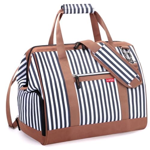 Image of Lekesky Weekend Overnight Bags for Women - 45l Top Large Opening Travel Duffles Bag, Holdall Bag for Airlines with Shoes Compartment (White Stripes,42 * 38 * 28cm)