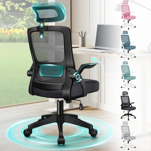 Image of ELFORDSON Ergonomic Office Chair, Mesh Desk Chairs with Headrest Lumbar Support, Executive Computer Swivel Chairs with Flip-up Armrests, Comfy Seat Cushion, Height Adjustable, Rocking for Home, Black