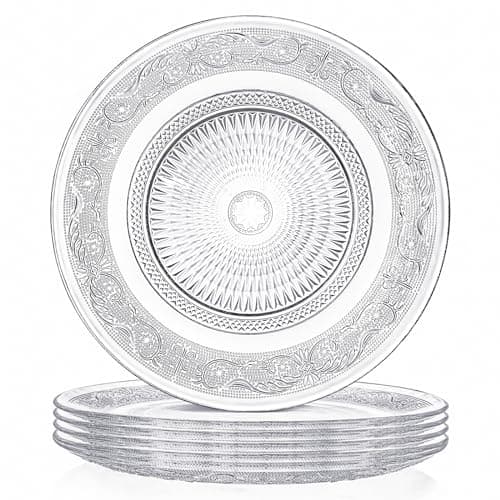 Image of Elsjoy Set of 6 Large Embossed Glass Dinner Plates, 25cm/10 Inch Round Transparent Serving Plates, Dishwasher Safe Tableware for Pasta, Salad, Home Wedding, Dinner Party Decoration (Anti-Slip Base