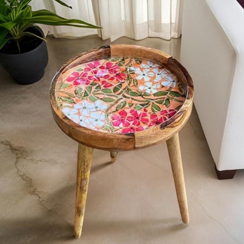 Image of Hartsmede Handmade Marrakesh Side Table – 13" Round Wooden Top, 22" Detachable Mango Wood Legs, Boho Accent Table for Living Room, Bedroom, Small Spaces, End Table, Coffee Table, Nightstand (Mosaic)