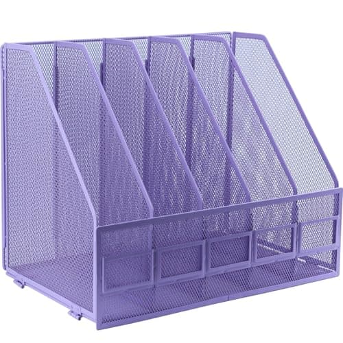 Image of IOUGDSEC A4 File Holder Folding Bookshelf, 5 Vertical Compartments magazine file holder, Desk Organizer Document Folder for Office School and Home, Purple