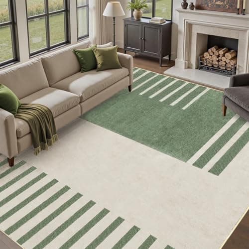 Image of Zhaotingrui Extra Large Rugs Living Room 200x290 cm, Green&Cream Line Geometric Non-Slip Rug, Washable Short Pile Soft Area Rugs for Living Room, Bedroom, Lounge, Dining Room