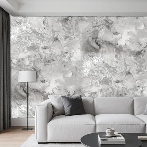Image of Anttyscar Marble Silver Grey Wallpaper for Living Room, Feature Metallic Marble Effect, Silver Grey Embossed Modern Glitter Textured Wallpaper, for Bedroom, Hallway and Stairs