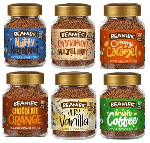 Image of Beanies Flavoured Instant Coffee Variety Pack - 6 x 50g jars - Chocolate Orange, Irish Coffee, Nutty Hazelnut, Creamy Caramel, Cinnamon Hazelnut, Vanilla.