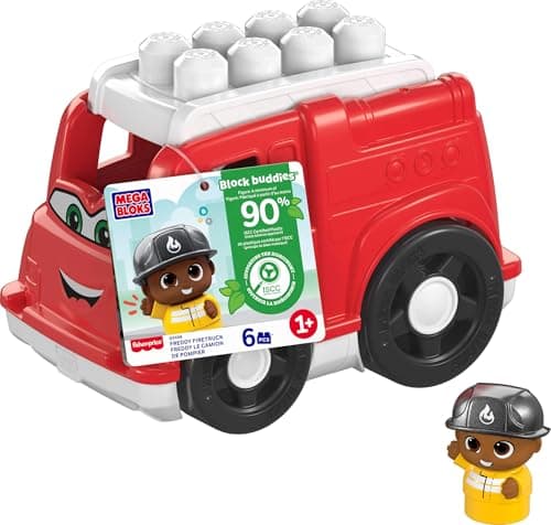 Image of Mega Bloks First Builders Toddler Building Blocks Toy Set, Freddy Firetruck with 6 Pieces and Storage, 1 Figure, Red, Ages 1+ Years, GXX08