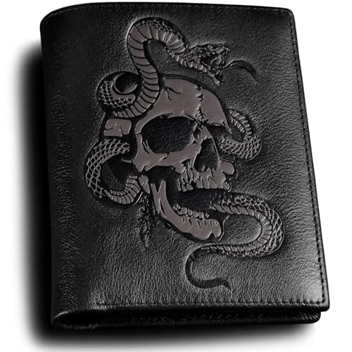Image of skneephate Skull Wallets for Men UK, Gothic Men's Wallets Leather Bifold, RFID Blocking, Gifts for Husband (Black)