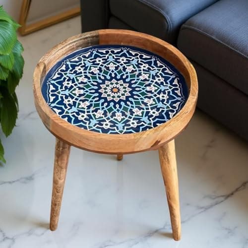 Image of Hartsmede Mango Wood Side Table 18" – Handmade Round Accent Table with 38cm Resin-Coated Enamel Top, Lightweight & Strong Coffee or Bedside Table for Living Room Bedroom (Marrakesh)