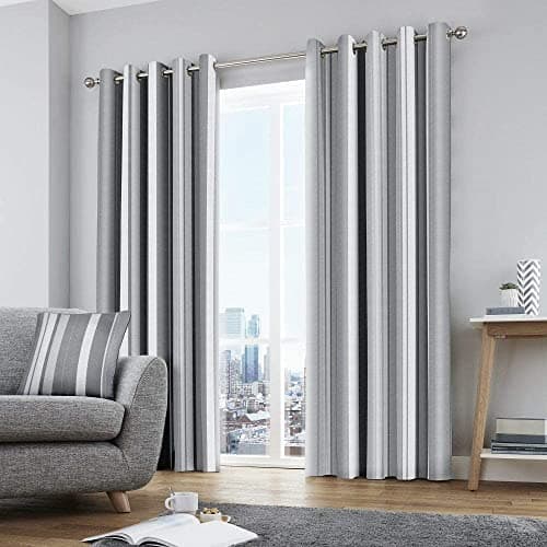 Image of Fusion Grey Stripe Eyelet Curtains – W66 x L72" (168 x 183cm) – 2 Panels – 100% Cotton – Bedroom & Living Room Drapes – Modern Grey Striped Window Curtains – Matching Cushion Available