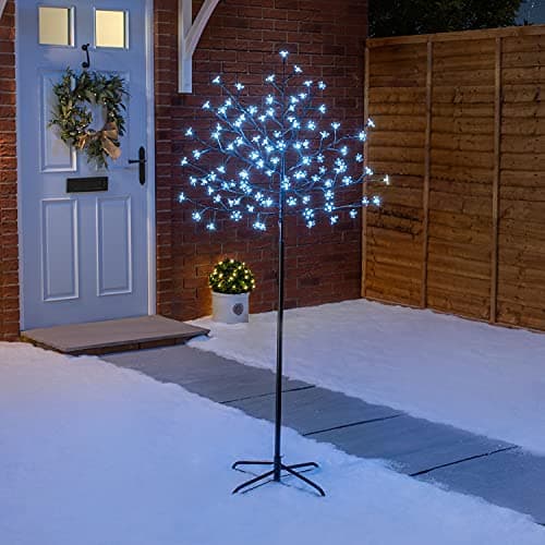 Image of Christow Cherry Blossom Tree 96 LED Light Up Indoor Outdoor Christmas Decoration With Stand 150cm / 5ft (White)