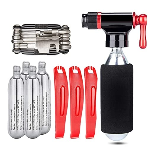 Image of KADACHA CO2 Inflator Kit with 5 X 16g CO2 Threaded Cartridges- Presta & Schrader Valve Compatible -Portable CO2 Bike Tire Pump Come with Glueles Repair Kit for Road & Mountain Bike (SET-B)