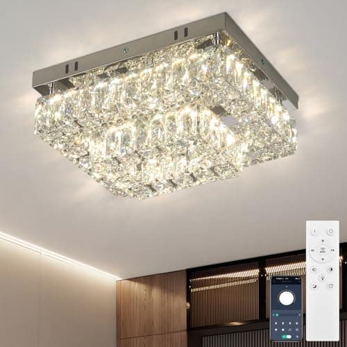 Image of Finktonglan Modern 2-Tier Crystal Flush Mount Ceiling Light, 11.8" Rectangular Dimmable LED Ceiling Fixture with Multi-Faceted Crystal Prisms, 24W Low Profile for Kitchen Dining Hallway