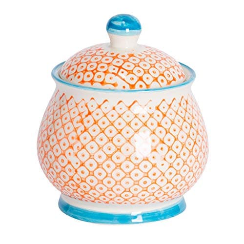 Image of Nicola Spring Patterned Sugar Bowl with Lid - Orange - Pack of 1 - Porcelain Hand Printed Sugar Pot China Kitchen Salt Jar Seasoning Spice Storage Container