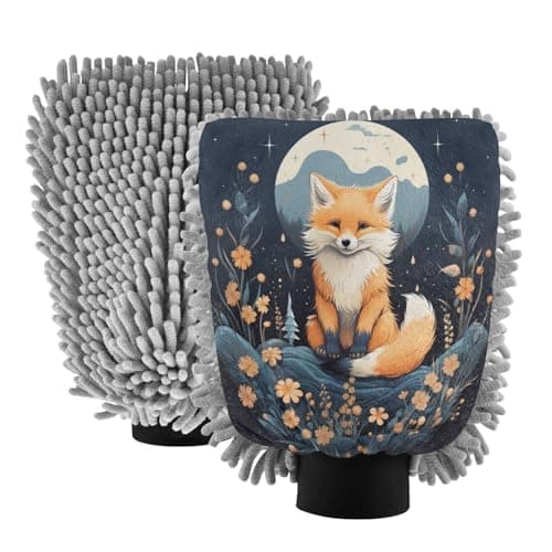 Image of LINNIKEEEE Flower Cartoon Art Fox Car Wash Mitt Sponges Scratch-Free Highly Absorbent Cleaning Glove(2Pack)