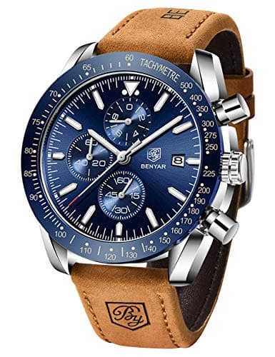 Image of BENYAR Men's Quartz Sport Chronograph Fashion Business Luxury Waterproof Analog Date Watch with Brown Leather Strap (Brown Silver Blue)