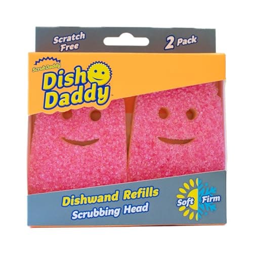 Image of Scrub Daddy Dish Wand Scrubbing Brush Replacement Heads, Soap Dispensing Brushes, Texture Changing Washing Up Sponges, Detachable Dish Daddy Head Sponge Refills, Pink 2 Pack