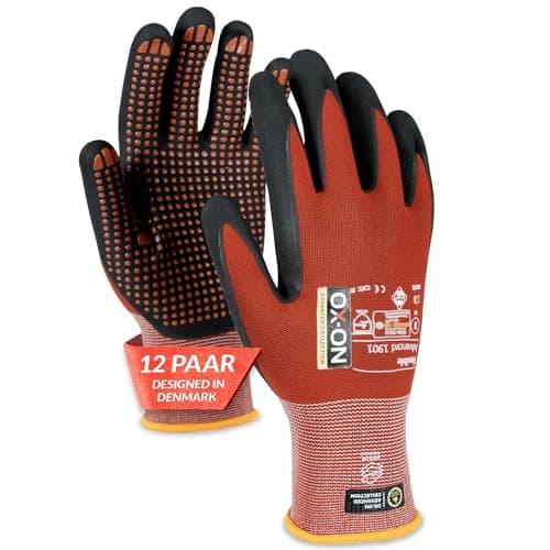 Image of OX-ON Flexible Advanced 1901 Red Work Gloves, Extremely Durable Safety Gloves, Secure Precise Grip, Protective & Comfortable Nitrile Gloves, Dotted Palm For Extra Grip, Sanitised - 12pairs, Size 9 / L