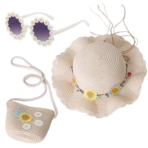 Image of Nievajio 3 Pieces Girls Sun Hat and Straw Knitting Bag, Kids Sun Protection Set, Summer Sun Hat with Flower Decoration for Tourism, Holiday, Travel, Beach, Outdoor Activities
