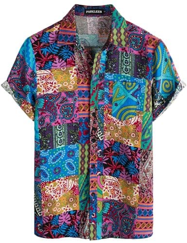 Image of PARKLEES Men's Linen 70s Hippie Style Floral Print Shirt Short Sleeve Button Down Hawaiian Shirts Blue Pink Large