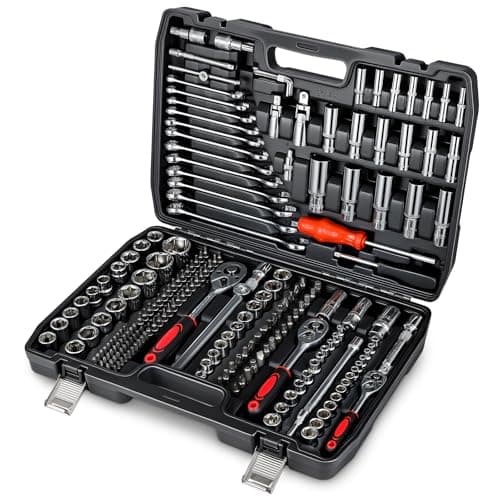 Image of CROWNSHOP Mechanic Tool Set, 216 Pieces(Including The Case) – 1/2", 1/4", 3/8" Drive Socket Set with Ratchet Wrenches, Spanners, Bits, Hex Keys – Car & Home Repair Tool Kit in Case
