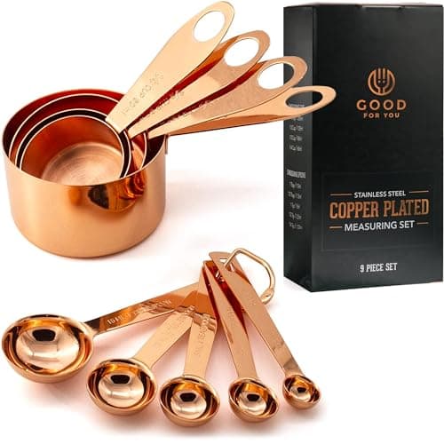 Image of GOOD FOR YOU Copper Plated Stainless Steel Measuring Cups and Spoons Set of 9 - Mirror Copper Finish with Engraved Measurement Markings - Included a Foiled Gift Box