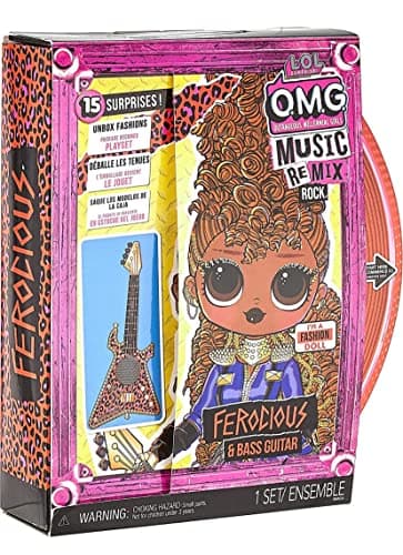 Image of L.O.L. Surprise! OMG Remix Rock FEROCIOUS Fashion Doll with 15 Surprises Including Bass Guitar, Outfit, Shoes, Hair Brush, Doll Stand, Lyric Magazine & Record Player Package - For Girls Ages 4+