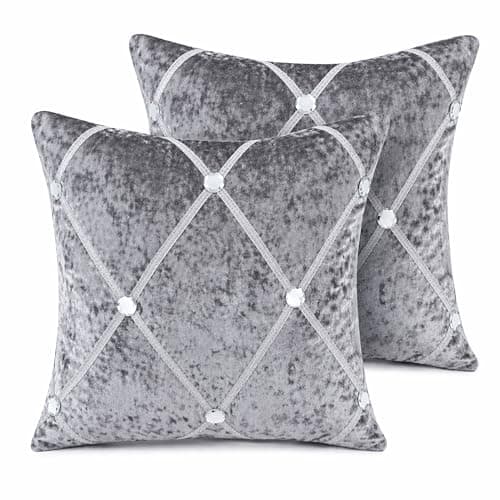 Image of Anything 4 you Velvet Silver Grey Cushion Covers 45x45 cm Set of 2 – Diamante Throw Pillow Covers, Luxury Decorative Sofa Cushion Covers with Rhinestones for Living Room,Bedroom