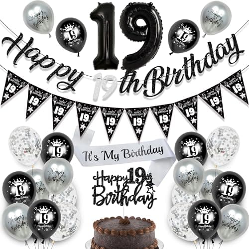 Image of 19th Birthday Decorations Balloons Boy - 24 Pcs Black Silver Banners Triangle Bunting Sash Number 19 Foil Balloons Cake Topper for Boys Girls Happy 19 Years Old Happy Birthday Party Decor Supplies