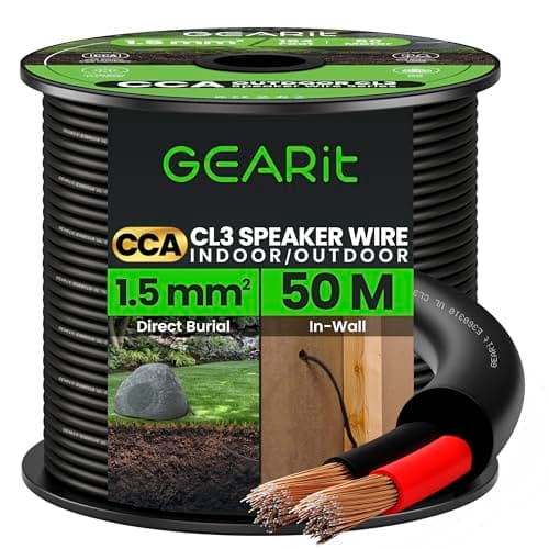 Image of GEARit 2x1.5mm² Speaker Cable, CL3 In-Wall Rated CCA Speaker Wire, 16AWG 2 Core Audio Cable for Home Cinema, Outdoor Direct Burial, Garden Speakers and Car Stereo- 50M, Black